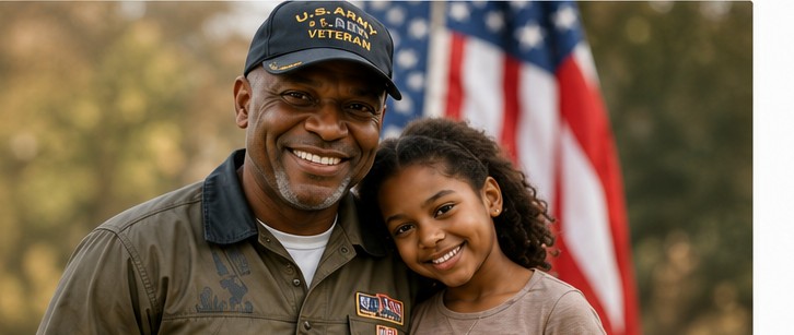 A veteran in a U.S. Army Veteran cap smiling with his daughter in front of an American flag