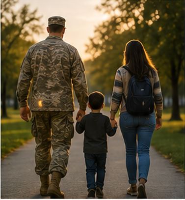 A veteran and his family walking together, holding hands