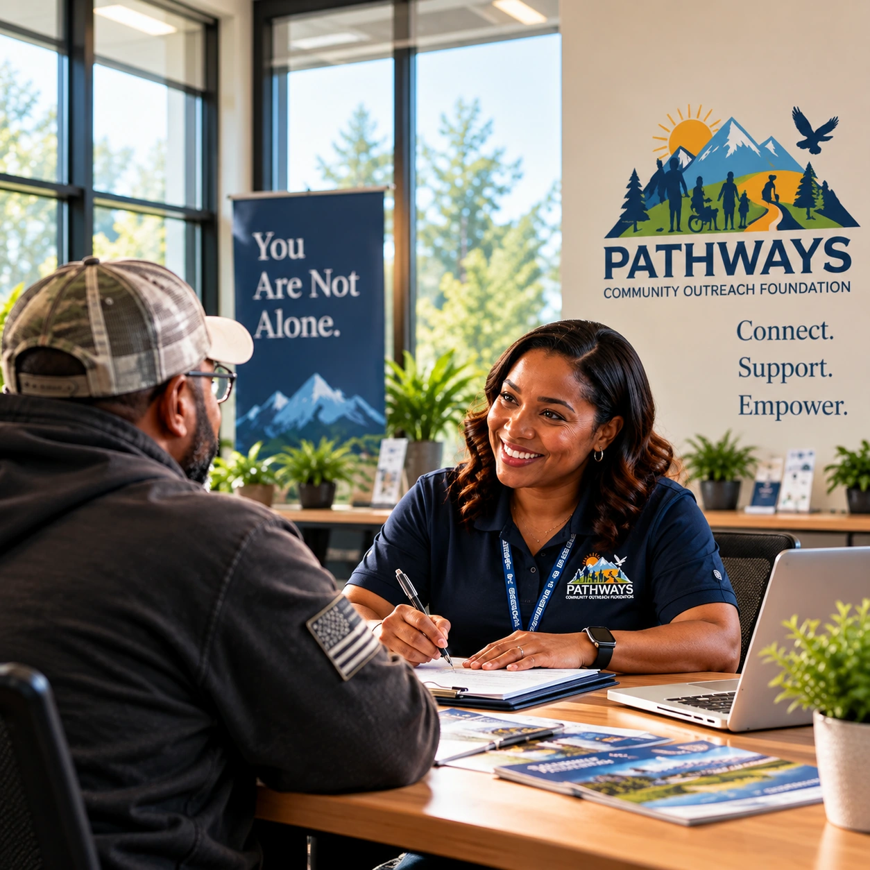 A veteran and a Pathways team member beginning a conversation about needed support