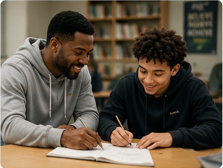 A mentor working with a young person on schoolwork
